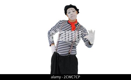 Funny mime in white gloves making selfie photos on white backgro Stock Photo