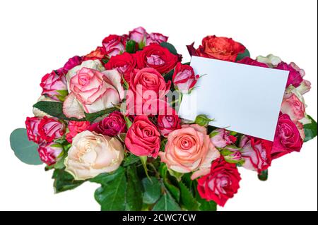 Bouquet of red, pink and yellow roses with empty card on white background. Template for birthday, wedding, mother day, valentine day card. Stock Photo