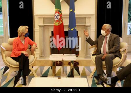 Lisbon, Portugal. 28th Sep, 2020. Portuguese Prime Minister Antonio Costa (R) speaks with European Commission President Ursula von der Leyen during their meeting in Lisbon, Portugal, on Sept. 28, 2020. Credit: Pedro Fiuza/Xinhua/Alamy Live News Stock Photo