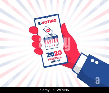 Man's hand with phone voting online for 2020 USA presidential election. E-voting concept Stock Vector