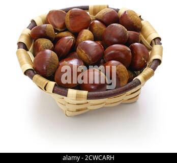 chestnuts in the basque chestnut basket isolatd on white background Stock Photo