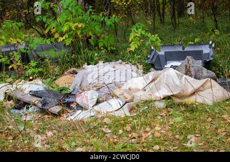 Garbage in the forest. Ecological problem. Plastic, glass, cans. Stock Photo