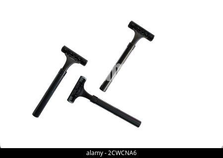 Set of disposable black razors isolated on white background Stock Photo