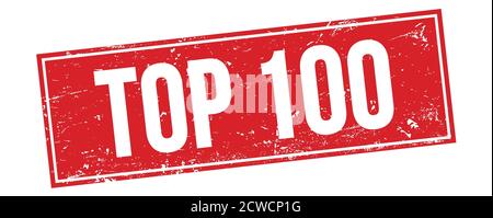 TOP 100 text on red grungy rectangle stamp sign. Stock Photo