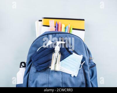 New school set including face mask, sanitizer Stock Photo