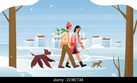 People walk in winter vector illustration. Cartoon flat active couple characters walking with pets dogs in city park wintertime, man woman spending time together in wintery snowy cityscape background Stock Vector