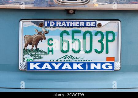 'I'd Rather Be Kayaking' vanity license plate in New Hampshire, USA. Stock Photo