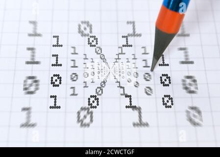 Concept about digital data transfer and a pencil on bright background Stock Photo