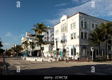 A quiet Sunday morning on Ocean Drive without any cars, in Miami Beach, Florida, USA Stock Photo