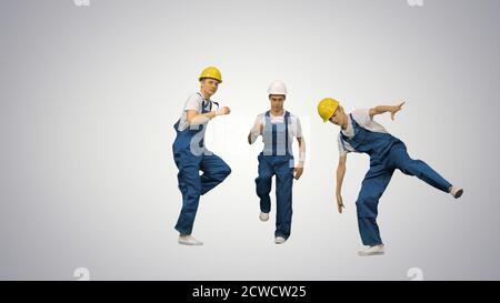Three male construction workers in hard hats hoping into the cam Stock Photo