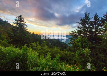 Morning Sunrise On Foothills Parkway. Sunrise over a misty valley at scenic overlook on the Foothills Parkway in Tennessee. Stock Photo