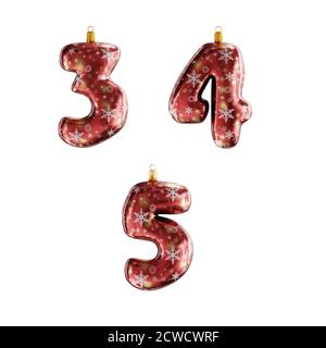 3D render of red christmas ornament alphabet shot on white - digits 3-5 Stock Photo