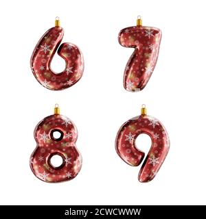 3D render of red christmas ornament alphabet shot on white - digits 6-9 Stock Photo