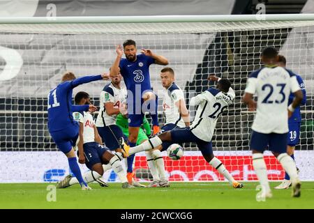 Tottenham Hotspur Stadium, London, UK. 29th Sep, 2020. English Football League Cup, Carabao Cup, Tottenham Hotspur versus Chelsea; Timo Werner of Chelsea shoots and scores for 0-1 in the 18th minute Credit: Action Plus Sports/Alamy Live News Stock Photo