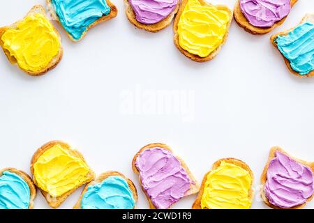 Variety spreads on bread slices. Layout top view Stock Photo