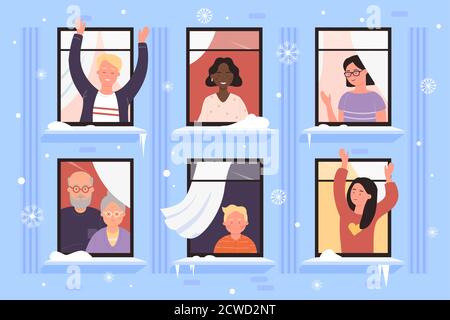 Christmas house windows with people vector illustration. Cartoon flat urban snowy winter facade and happy characters look through window on falling snow, snowfall and cold weather in city background Stock Vector