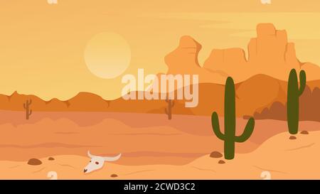 Mexican, Texas or Arisona desert nature landscape vector illustration. Cartoon flat dry desert scenery with mountain rocks dunes, cactuses and skull, wild hot natural west prairie scene, wilderness. Stock Vector