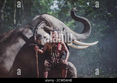 Thai farmer walking with the elephant in the jungle Stock Photo