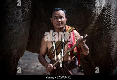 Thai farmer walking with the elephant in the jungle Stock Photo