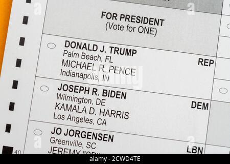 Morgantown, WV - 29 September 2020: Macro close up of the presidential choice in 2020 election on mail-in paper absentee ballot