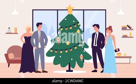 New Year party celebration vector illustration. Cartoon flat man woman characters in festive clothes standing together next to Christmas tree, group of people celebrating in office or home background Stock Vector
