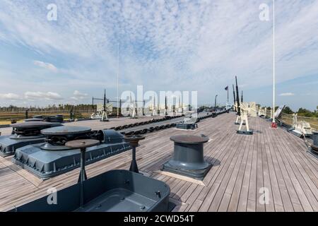 Wilmington, NC USA - February 11 2020 Battleship USS North Carolina, currently moored along the Cape Fear River in Wilmington, NC. Stock Photo