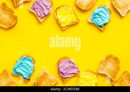 Variety spreads on bread slices. Layout top view Stock Photo