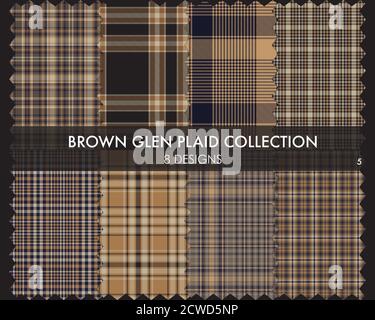 Brown Glen Plaid Tartan seamless pattern collection includes 8 designs for fashion textiles and Stock Vector