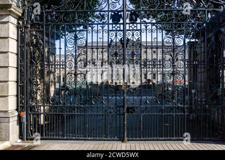 The locked gates of Leinster House, the seat of the Oireachtas, the parliament and senate of Ireland. Stock Photo