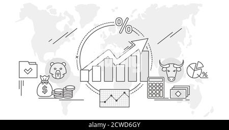Stock market outline concept vector illustration. Flat money growth with positive and successful indicators. Global investment business value improvem Stock Vector