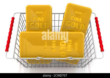Buying gold. Three ingots of 999.9 Fine Gold lie in a grocery basket. 3D illustration Stock Photo