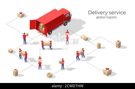 Isometric big set of delivery man in uniform holding boxes in different poses and protection masks. Vector collection delivery service workers. Fast d Stock Vector