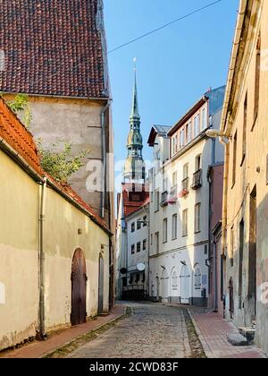 narrow street view of old Riga city, Latvia Stock Photo