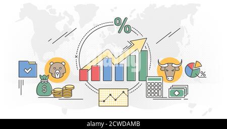 Stock market vector illustration. Flat money growth outline concept with positive and successful indicators. Global investment business value improvem Stock Vector