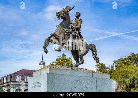 Statue of General Andrew Jackson in front of the St. Louis Cathedral at Jackson Square in the French Quarter of New Orleans, Louisiana, USA Stock Photo