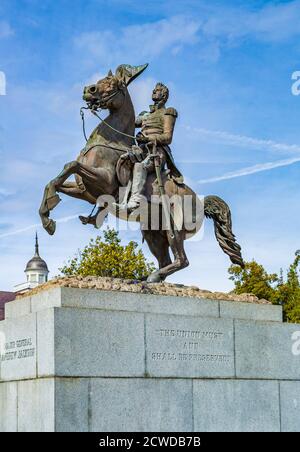 Statue of General Andrew Jackson in front of the St. Louis Cathedral at Jackson Square in the French Quarter of New Orleans, Louisiana, USA Stock Photo