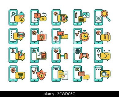 Mobile applications in smartphone color line icons set. Pictograms for web page, mobile app, promo. UI UX GUI design element. Editable stroke Stock Vector