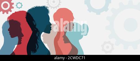 Psychology. Psychological therapy. Psychiatry and neurology. Mind thinking brain memory intelligence and cognition.Silhouette heads in profile people Stock Vector
