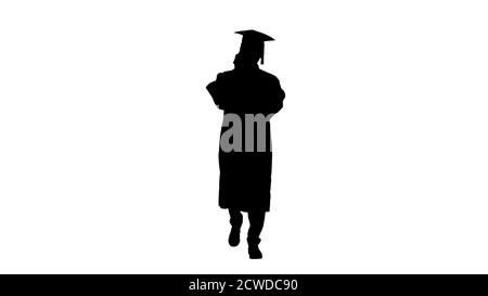 Graduating student walking and making a call, Alpha Channel Stock Photo
