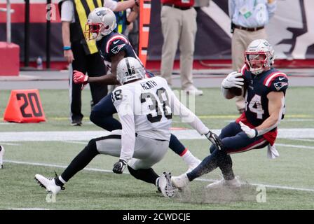 Kansas City, United States. 11th Oct, 2020. Kansas City Chiefs wide  receiver Tyreek Hill (10) has the ball knocked away from Las Vegas Raiders  strong safety Jeff Heath (38) and tight end