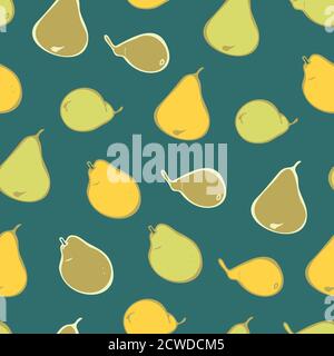 Vector seamless pattern of yellow and green pears on green background. Fruit vector pattern. Concept for food store. Stock Vector