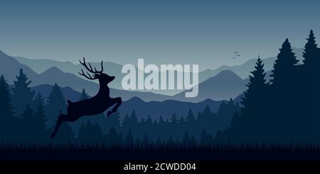 jumping moose in wildlife on blue mountain and forest landscape vector illustration EPS10 Stock Vector
