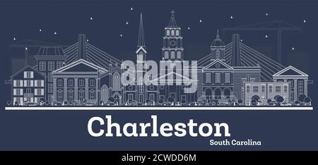 Outline Charleston South Carolina City Skyline with White Buildings. Vector Illustration. Business Travel and Concept with Historic Architecture. Stock Vector