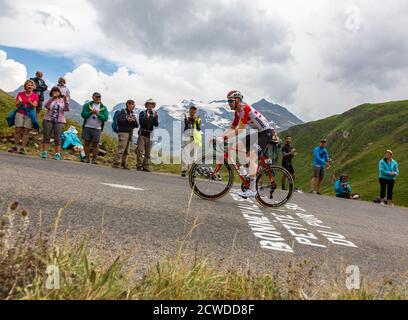 Col de Iseran, France - July 26, 2019: The Belgian cyclist Tim Wellens of Lotto-Soudal Team climbing the road to Col de Iseran during the stage 19 of Stock Photo