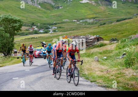 Col de Iseran, France - July 26, 2019: The Italian cyclist Vincenzo Nibali of Bahrain-Merida Team climbing the road to Col de Iseran during the stage Stock Photo