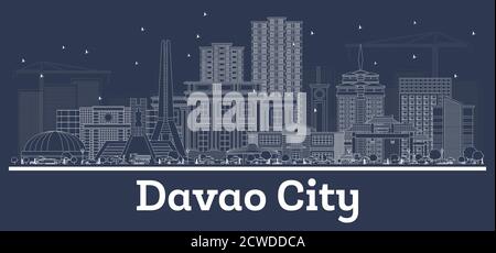 Outline Davao City Philippines Skyline with White Buildings. Vector Illustration. Business Travel and Concept with Historic Architecture. Stock Vector