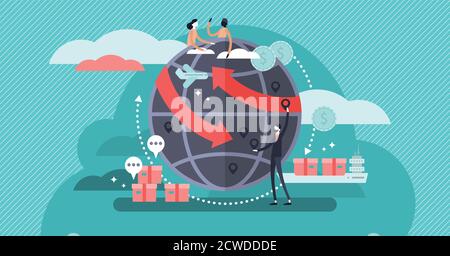 Globalisation flat vector illustration, people around the globe connection concept. Commercial cargo transportation and international business network Stock Vector