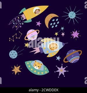 Set of cartoon animals flying in space. Image on a dark blue background, in vector graphics. For postcards, posters, wpapping paper, cover prints Stock Vector