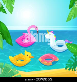 Sea beach with colorful floats in water, vector illustration. Kids inflatable toys flamingo, duck, donut, unicorn. Summer vacation background. Stock Vector
