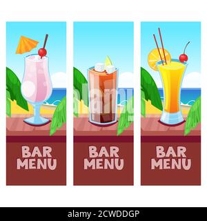 Beach bar menu vector design template with place for text. Pina colada, tequila sunrise, cuba libre cocktails on wooden bar counter. Summer tropical b Stock Vector